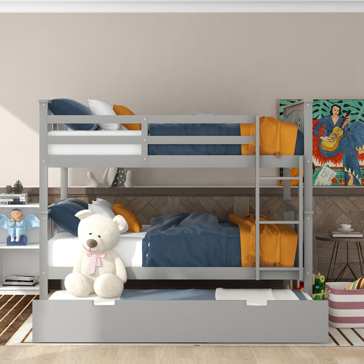 Full over Full Bunk Bed with Twin Size Trundle and Ladder-Gray
