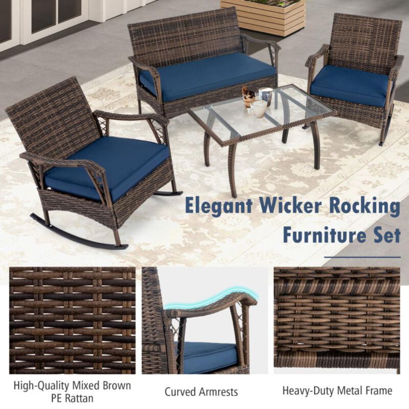 Hivvago 4 Pieces Wicker Rocking Set with Bungee Rope Seat