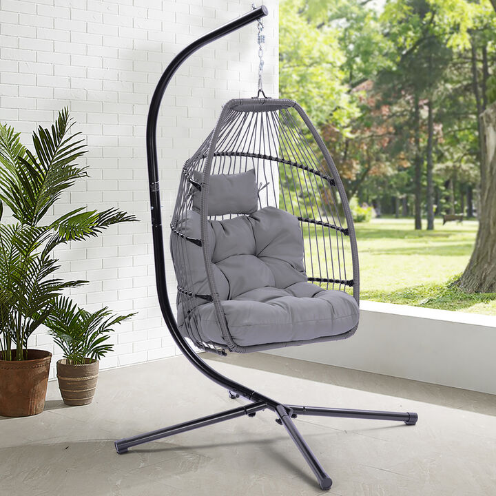 Outdoor Patio Wicker Folding Hanging Chair, Rattan Swing Hammock Egg Chair With Cushion And Pillow