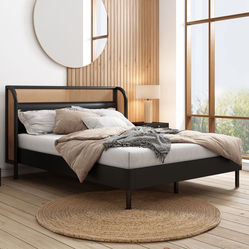 Modern Rattan Wood Platform Queen Bed