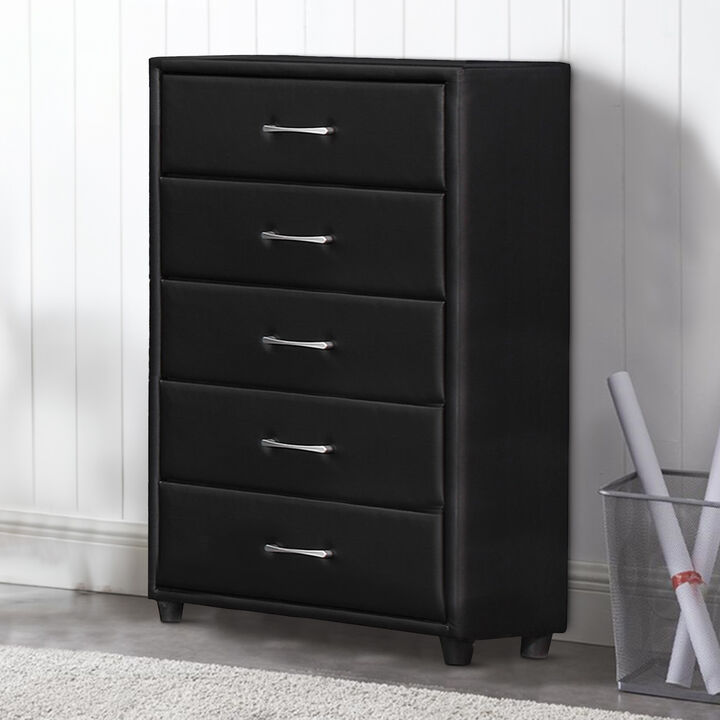 5 Drawer Leatherette Wooden Frame Chest with Tapered legs, Black-Benzara