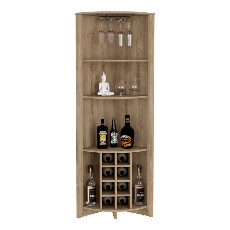 Essential Corner Bar Cabinet , Three Shelves, Eight Built-in Wine Rack, Two Side Shelves -Dark Brown