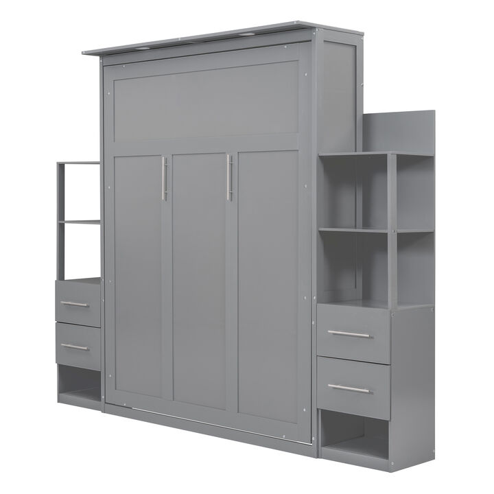 Queen Size Murphy Bed Wall Bed with Shelves, Drawers and LED Lights, Gray
