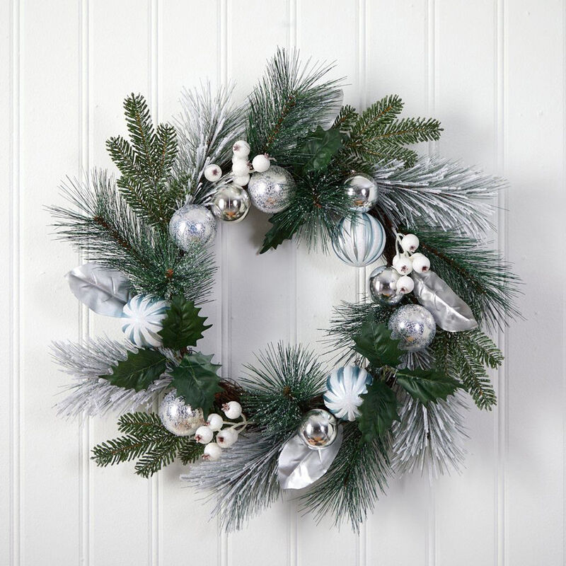 Nearly Natural 24-in Assorted Snow Tipped Pine, Pinecones and Berries Artificial Christmas Wreath with Silver Ornaments