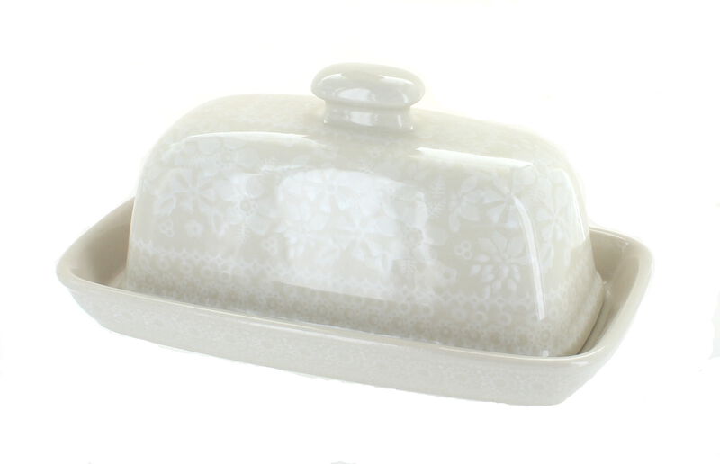 Blue Rose Polish Pottery White Lace Butter Dish