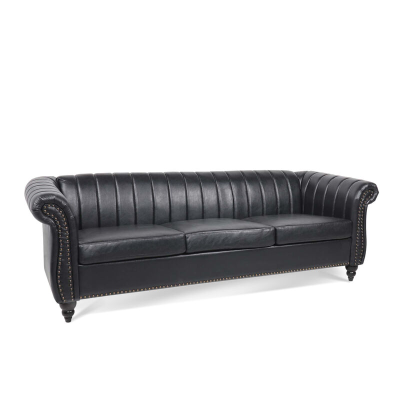 83.46" Black PU Rolled Arm Chesterfield Three Seater Sofa.