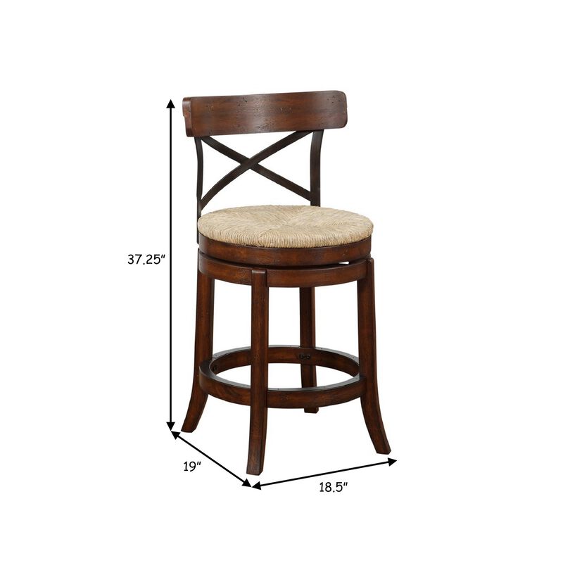 Mia 24 Inch Swivel Counter Stool, Crossed Metal Back, Sedge Seat, Brown-Benzara