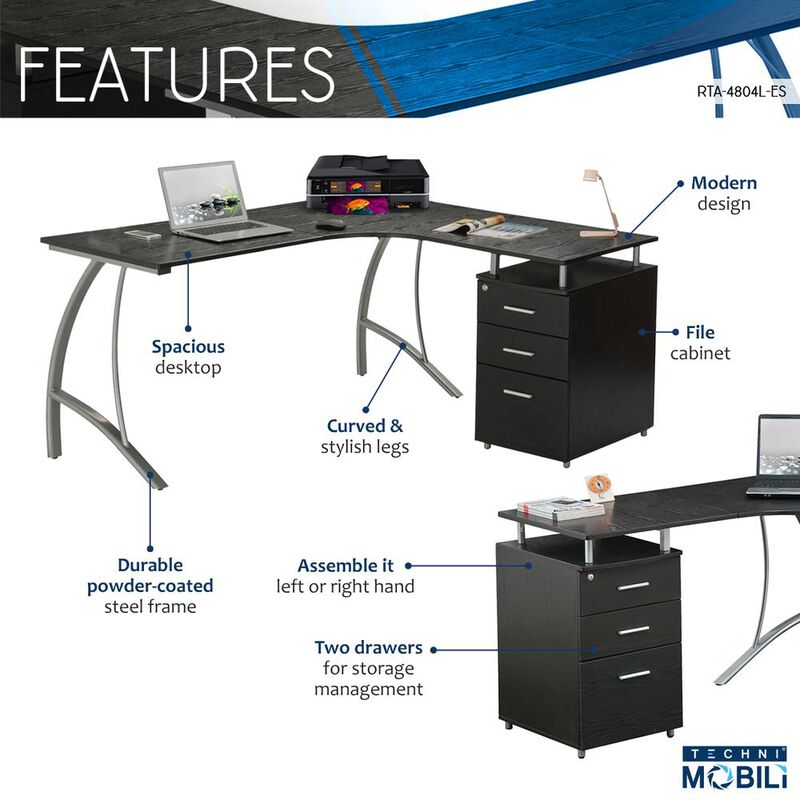 Modern L- Shaped Computer Desk with File Cabinet and Storage. Color: Espresso