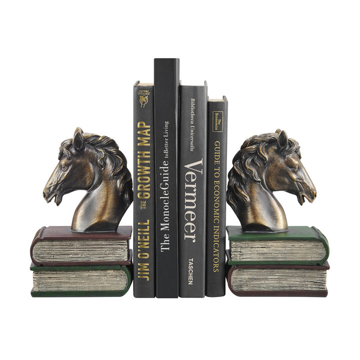 Danya B. Horses on Books Polyresin Antique Patina Finish Bookend Set of 2