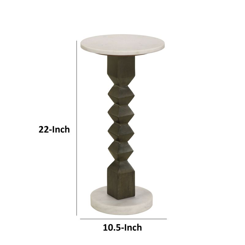 Drink Side Table, 11 Inch Round Marble, Spindle Pedestal Base, White, Gray - Benzara