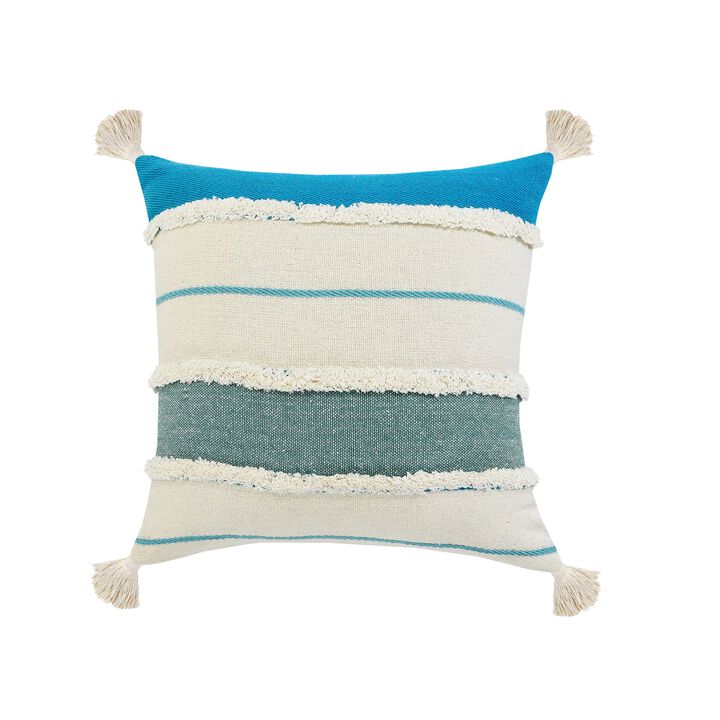 20" Turquoise and White Striped Hand Loomed Square Throw Pillow