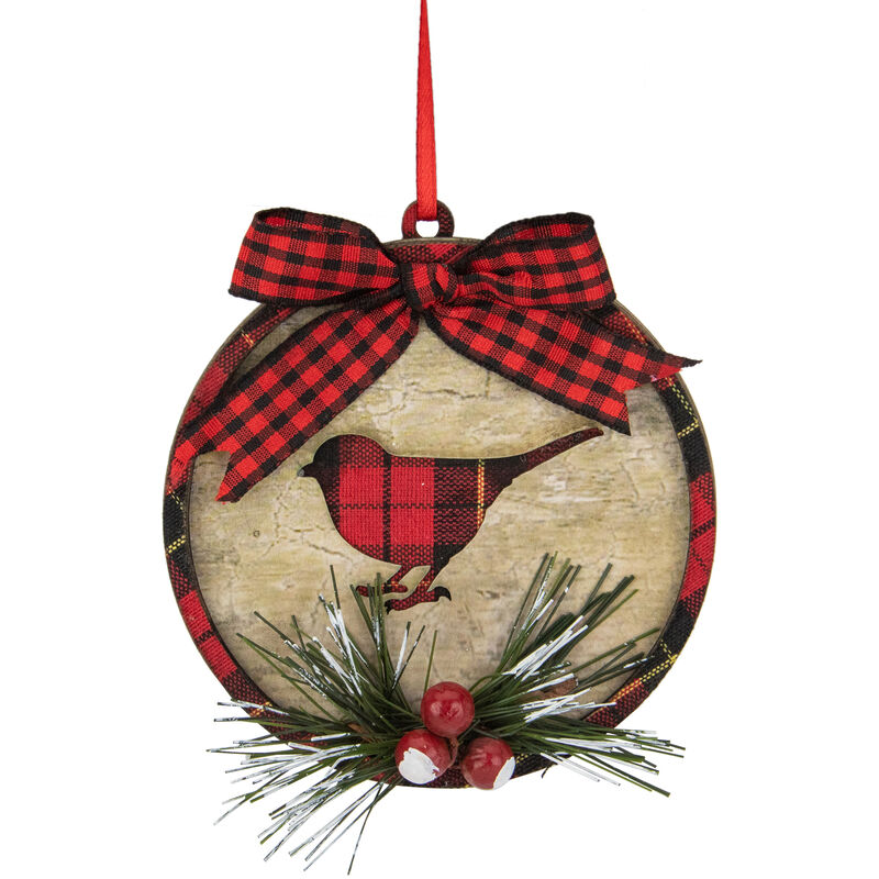 4" Red and Black Plaid Cardinal Disc Christmas Ornament