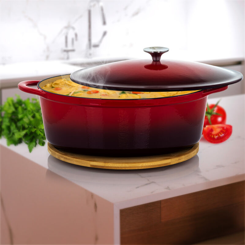 MegaChef 7 Quarts Oval Enameled Cast Iron Casserole in Red