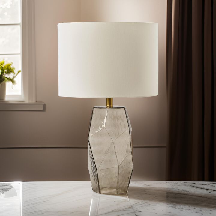 24 Inch Table Lamp, Hexagonal Textured Glass Base, Drum Shade, Gray - Benzara