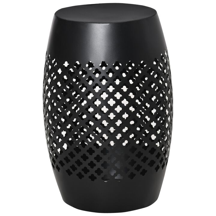 Black Steel Patio End Table, Round Side Table with Hollow Drum Design