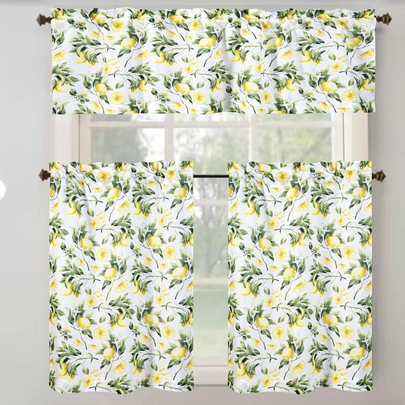 RT Designer's Collection Tribeca Lemons Printed 3 Pieces Kitchen Curtain Set Includes 1 Valance 52" x 18" and 2 Tiers 26" x 36" Each Multi Color