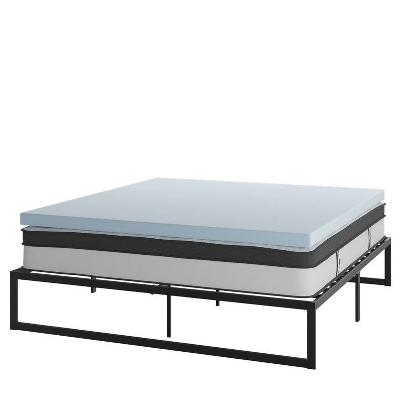 Leo 14 Inch Metal Platform Bed Frame with 12 Inch Pocket Spring Mattress in a Box and 3 inch Cool Gel Memory Foam Topper - King