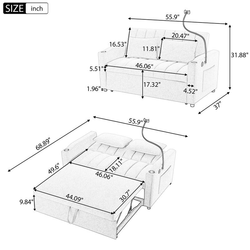 Merax Convertible Sofa Bed Loveseat with 3 USB Ports