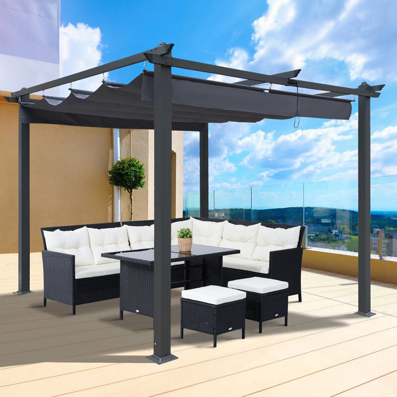 10x10 FT Outdoor Patio Retractable Pergola With Canopy For Gardens, Terrace