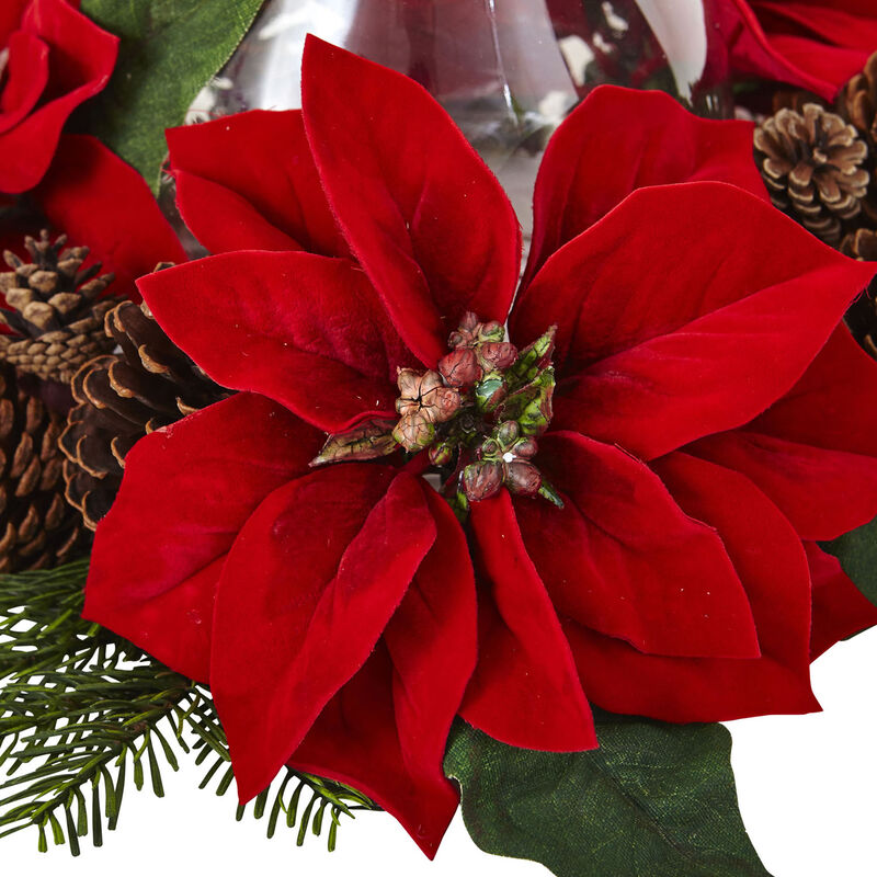 Nearly Natural 18-in Poinsettia, Pine & Pine Cone Candelabrum