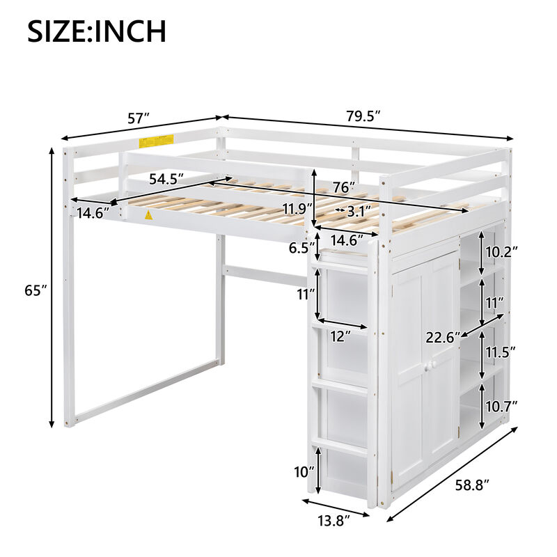 Merax Loft Bed with Wardrobe and Storage Shelves