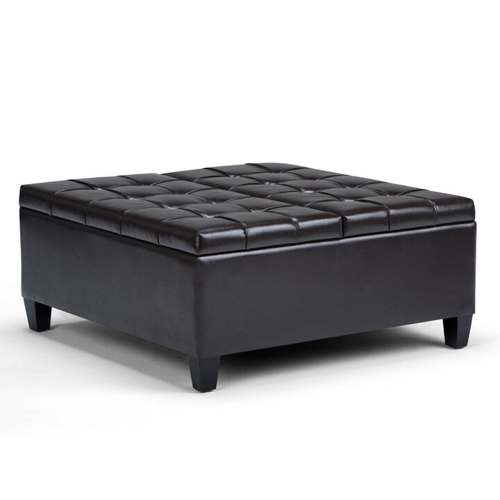 Harrison 36 inch Wide Transitional Square Coffee Table Storage Ottoman in Tanners Brown Vegan Faux Leather, Assembled