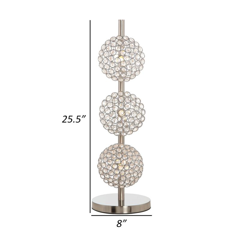 26 Inch Table Lamp with 3 Crystal Rounds Shades, Sand Chrome Finished Metal-Benzara