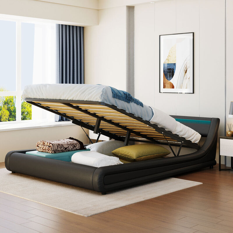 Upholstered PU Leather Platform bed with a Hydraulic Storage System with LED Light Headboard Bed Frame with Slatted Queen Size