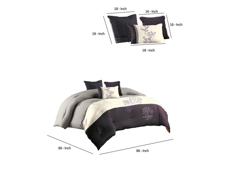 7 Piece Queen Polyester Comforter Set with Leaf Embroidery, Gray and Purple - Benzara