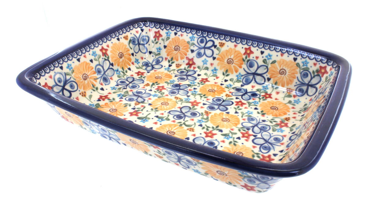 Blue Rose Polish Pottery Aztec Flower Lasagna Dish