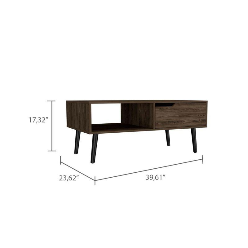 DEPOT E-SHOP Kobe Coffee Table, Countertop, One Open Shelf, One Drawer, Four Legs- Dark Walnut, For Living Room