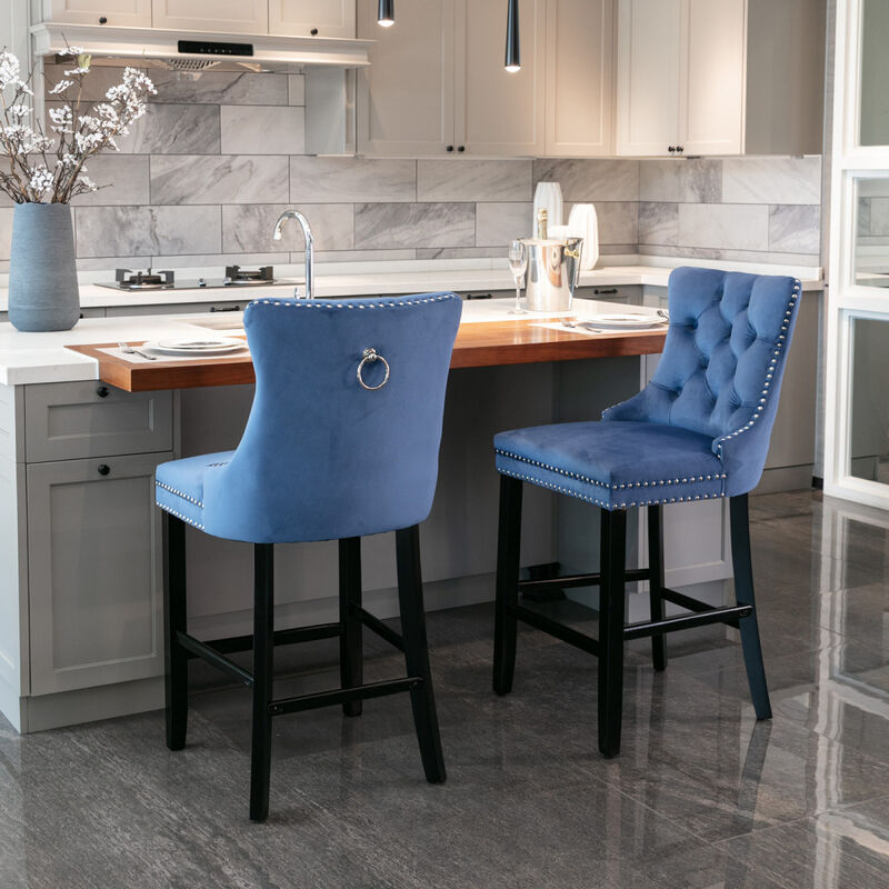 Contemporary Velvet Upholstered Bar Stools with Button Tufted Decoration and Wooden Legs, and Chrome Nailhead Trim, Leisure Style Bar Chairs, Bar stools, Set of 2 (Blue)