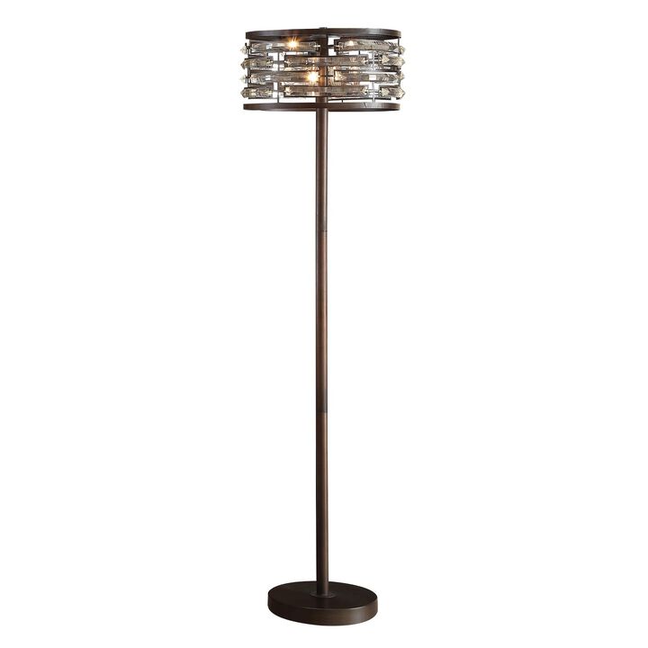 Benjara 60 Inch Floor Lamp with Crystal Drum Shade, Metal Base, Antique Bronze