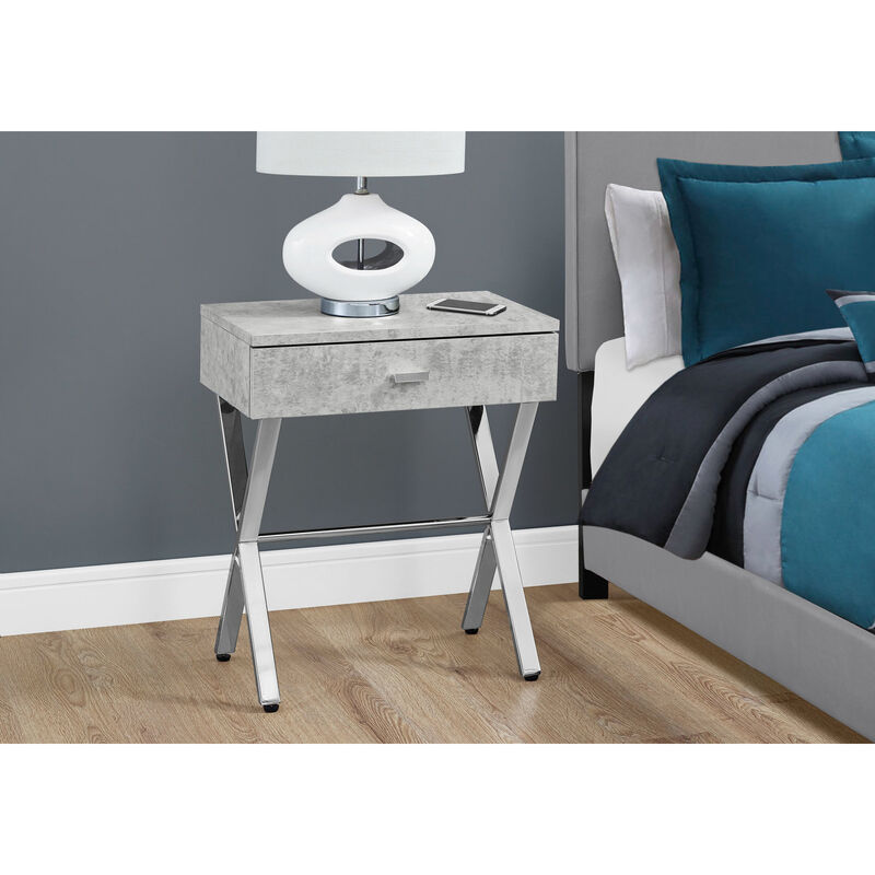 Monarch Specialties I 3264 Accent Table, Side, End, Nightstand, Lamp, Storage Drawer, Living Room, Bedroom, Metal, Laminate, Grey, Chrome, Contemporary, Modern