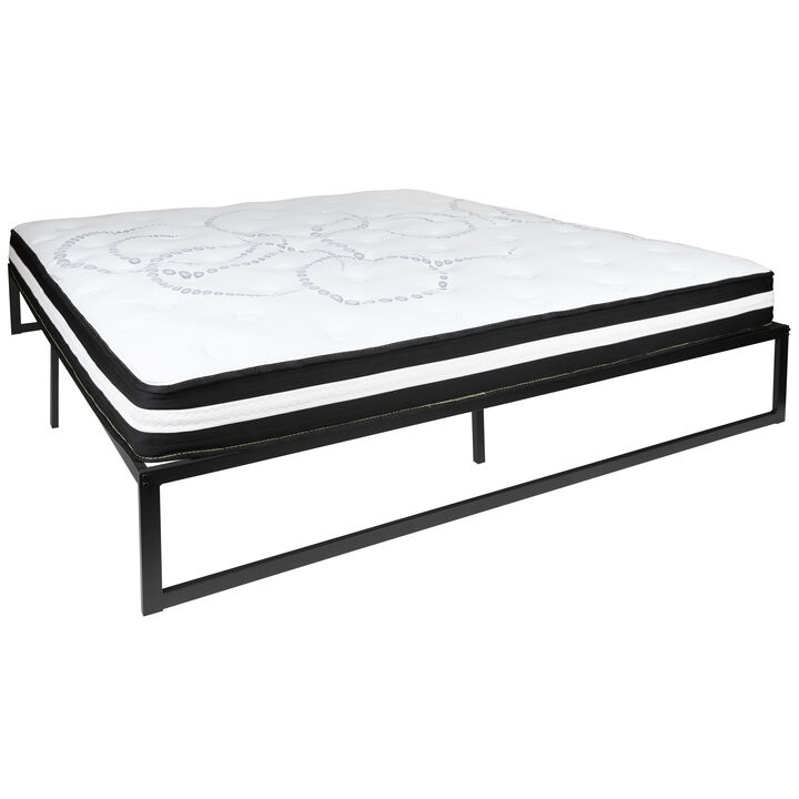 Louis 14 Inch Metal Platform Bed Frame with 10 Inch Pocket Spring Mattress in a Box (No Box Spring Required) - King