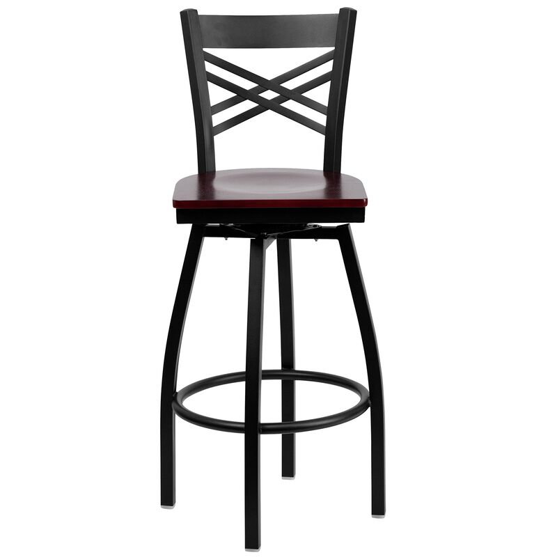 Flash Furniture HERCULES Series Black ''X'' Back Swivel Metal Barstool - Mahogany Wood Seat
