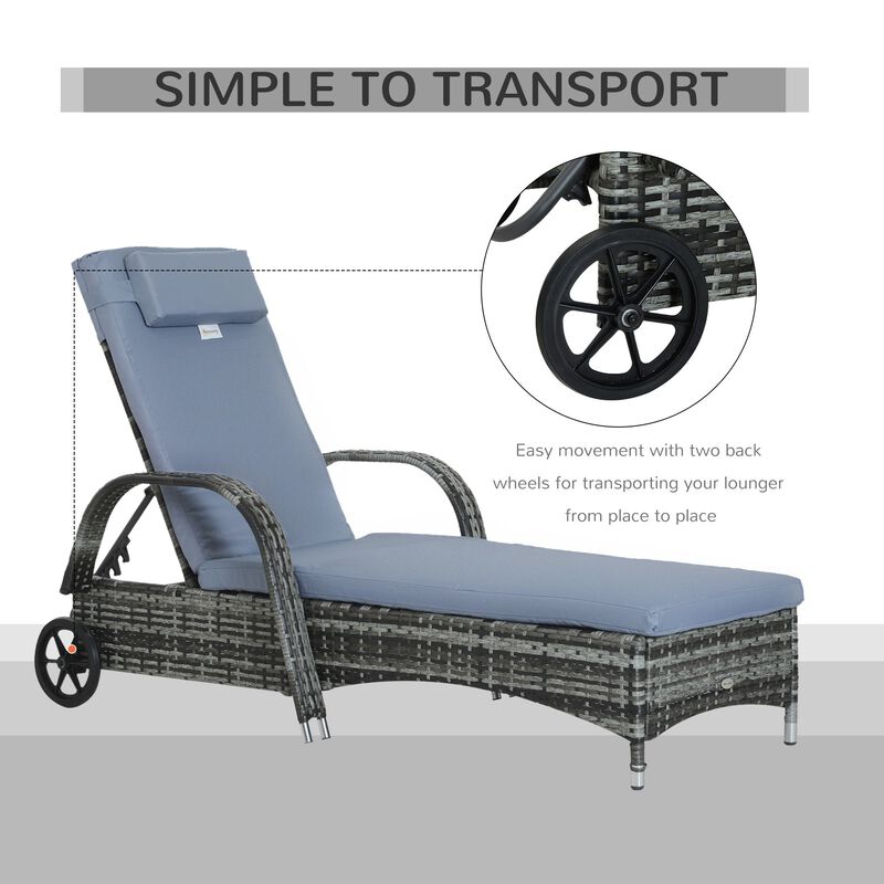 Grey Outdoor Lounger: Wicker Chaise with Adjustable Back and Wheels