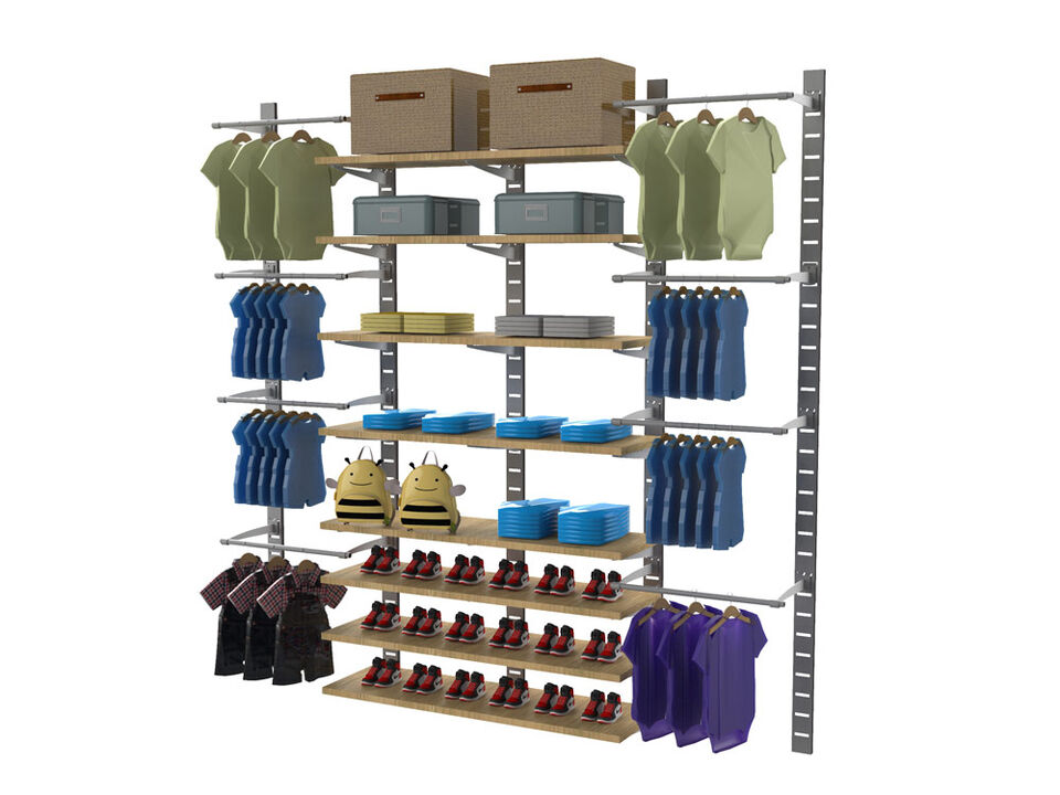 Stylish Kids Closet Unit 91" High with 8 Shelves 48" Length 14"- 16" Width + Hanging Rails 24" Length | 4 Sections- Shelves Sold Separately