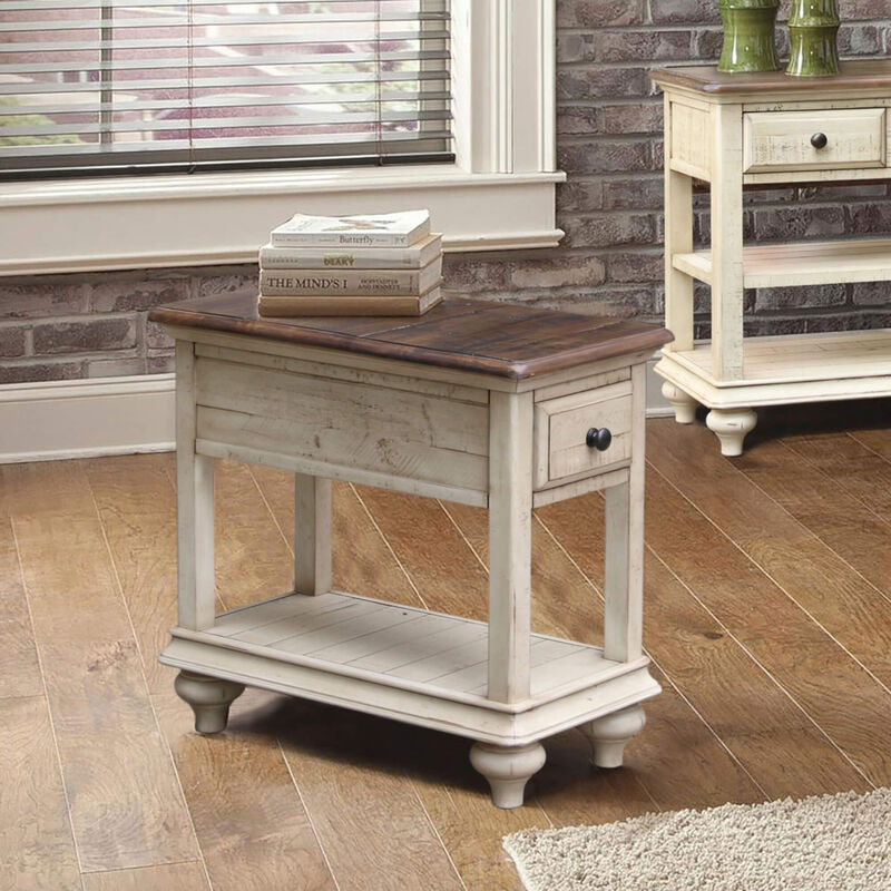 Shades of Sand 14 in. Cream Puff and Walnut Brown Rectangular Solid Wood End Table with 1 Drawer