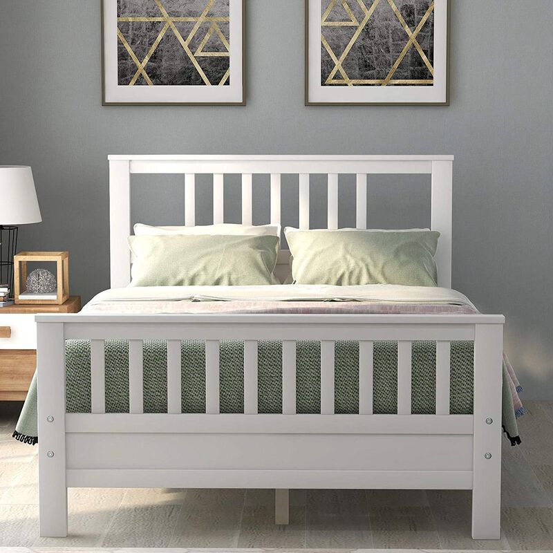 Hivvago White Pine Wood Slatted Platform Headboard Footboard Full Size Bed