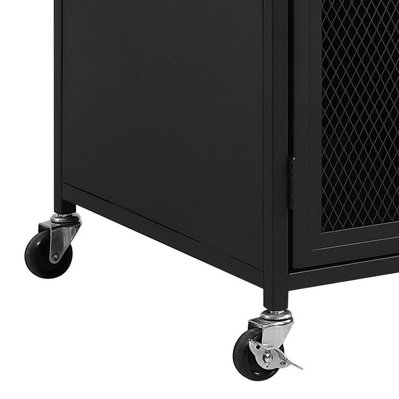 34 Inch Bar Cabinet On Wheels, Wire Mesh Doors, Wood Grain Details, Black - Benzara