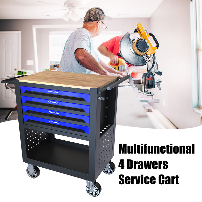 4 DRAWERS MULTIFUNCTIONAL TOOL CART WITH WHEELS AND WOODEN TOP