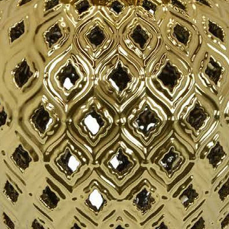 Deni 18 Inch Temple Jar, Pierced, Carved Lattice Design, Lid, Gold - Benzara