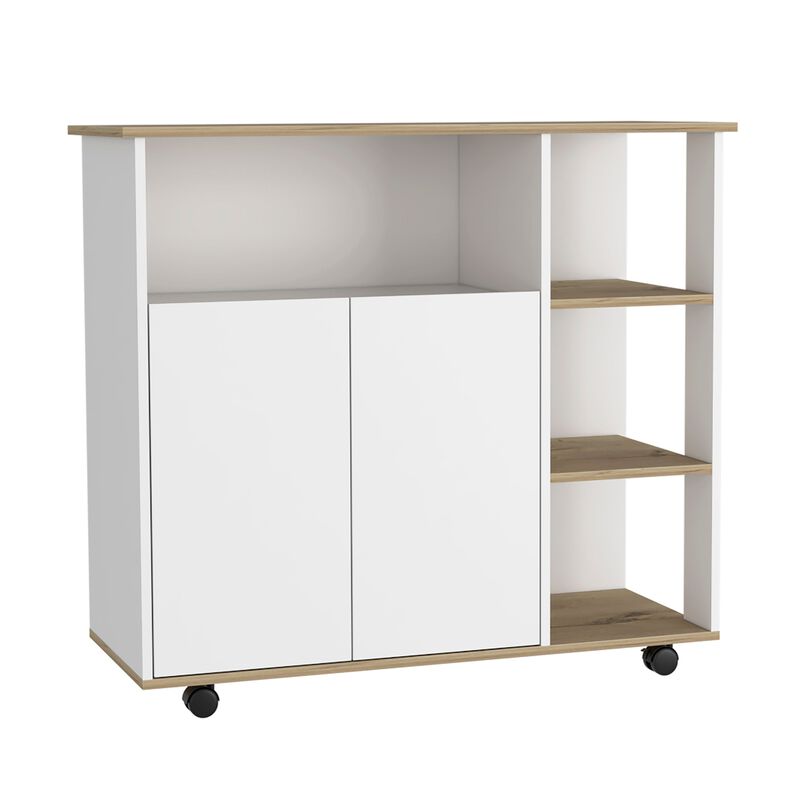 Paprika Kitchen & Dining room Cart, Four Casters , Four Open Shelves, Double Door Cabinet -Light Oak / White