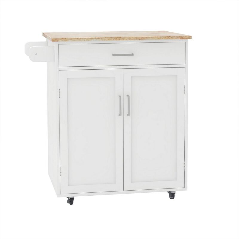 36 Inch Kitchen Island with Towel Rack, 1 Double Door Cabinet, White Wood-Benzara