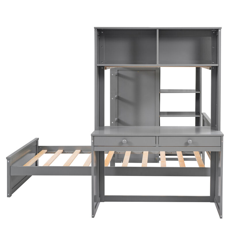 Twin size Loft Bed with a Stand-alone bed, Shelves, Desk, and Wardrobe-White