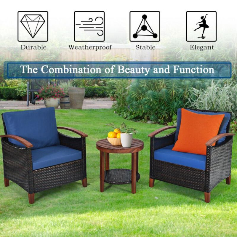 Hivvago 3 Pieces Patio Wicker Furniture Set with Washable Cushion and Acacia Wood Tabletop