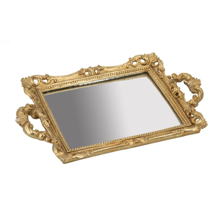 16 Inch Serving Tray, Decorative, Mirrored Bottom, Carved Gold Frame-Benzara