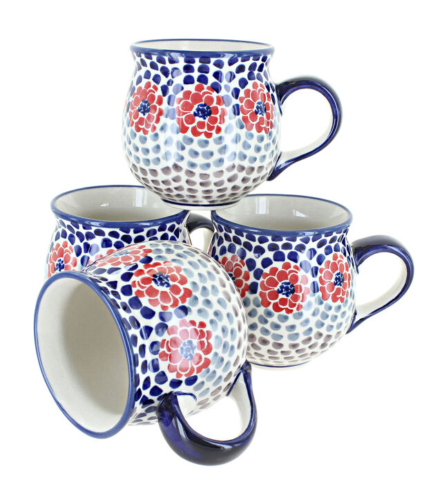 Blue Rose Polish Pottery Sage Floral 4 Piece Bubble Mug Set