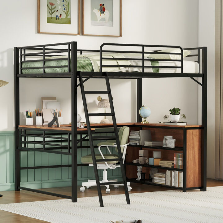 Full Size Metal Loft Bed with 3 Layers of Shelves and L-Shaped Desk, Black